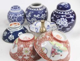 A collection of Chinese ceramics, to include blue and white prunus ginger jars and Canton bowls