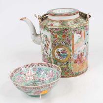 A 19th century Chinese Canton porcelain teapot, h.16cm; together with an eggshell porcelain bowl,