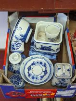 A collection of contemporary Delft pottery, to include candlestick, bowls and tile