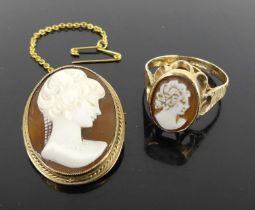 A lady's 9ct gold carved shell cameo inset ring, 3.2g, size S; together with a carved shell cameo