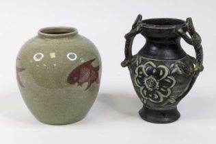 A Chinese crackle glazed porcelain ginger jar, decorated with carp, h.16cm; together with a