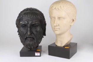 A bronzed resin bust of Homer, mounted on a rectangular plinth, h.33cm; together with a resin bust