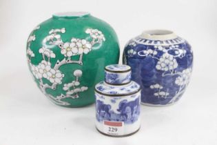 A Chinese green and white glazed porcelain ginger jar, in the prunus pattern, h.17cm; together