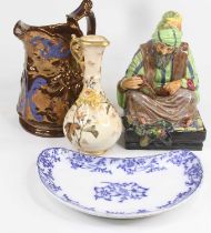 A Royal Doulton figure of the Cobbler, h.20cm; together with a copper lustre jug; blue and white