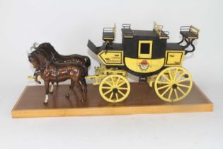 A painted wooden model of a stagecoach with two Beswick pottery horses, mounted to varnished plywood