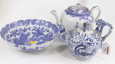 A Japanese blue and white porcelain teapot; together with a similar Japanese lobed bowl; and a