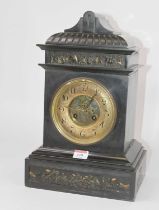 A 19th century French black slate mantel clock, of architectural form, having inset parcel-gilt