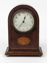 An Edwardian mahogany and boxwood inlaid dome topped mantel clock, the enamelled dial showing Arabic