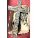 A painted galvanised crucifix, h.70cm, together with a pair of galvanised flower holders and a