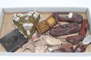 Miscellaneous items to include Victorian Tunbridge inlaid boxes, children's shoes, daguerreotype etc