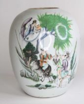 A Chinese porcelain urn, painted with warriors in a landscape and Chinese characters to the