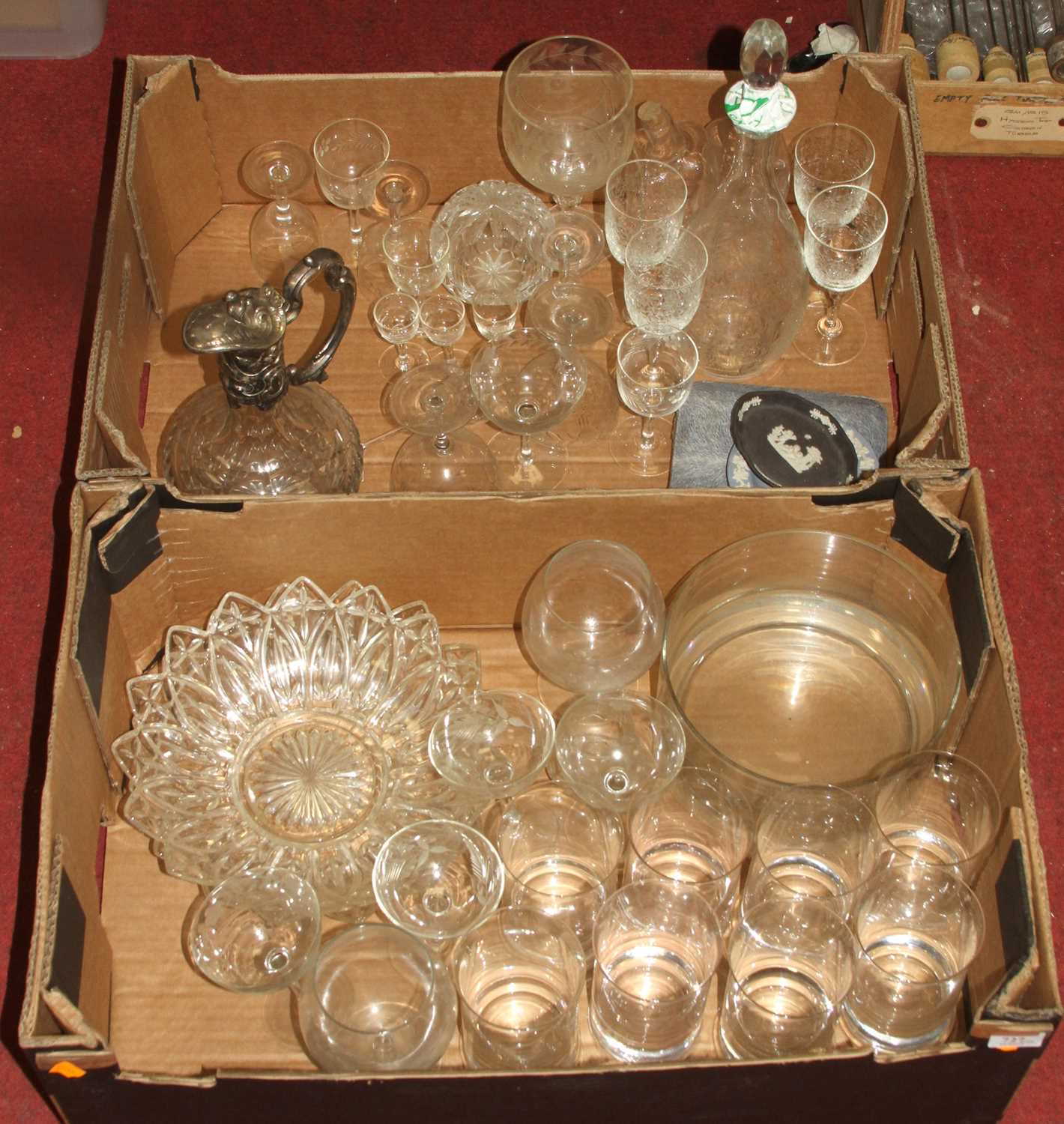 Two boxes of mixed glassware, to include a silver plate mounted crystal claret jug