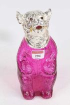 A pink glass and plated metal decanter, in the form of a bear, h.22cm