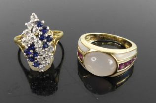 A modern 9ct gold, rose quartz, mother of pearl and garnet set ring, sponsor QVC, size O; together