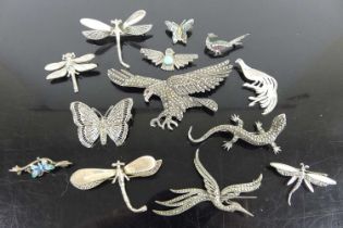 Assorted silver and white metal brooches, principally being insects, to include butterflies etc