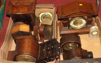 Two boxes of vintage clocks, to include a 1920s oak Nelson's hat eight-day mantel clock with chimes