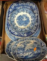 A collection of blue and white transfer decorated wares, to include a willow pattern meat plate