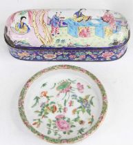 A 19th century Chinese Canton porcelain dish, dia.12.5cm; together with a Chinese enamel decorated