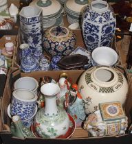 Two boxes of Asian ceramics, to include enamel decorated ginger jar, figures, and a green crackle