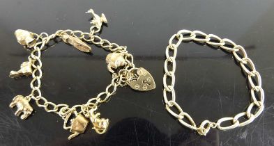 A 9ct gold curblink bracelet containing assorted principally 9ct gold charms, 15.8g; together with a