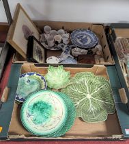 A collection of ceramics and other items, to include majolica cabbage pattern plates, framed prints,