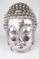 A silver painted model of a Buddha's head, h.42cm