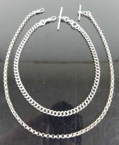 A silver curblink watch chain with Albert, 39cm; together with silver belcher link watch chain