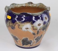 A Royal Doulton Slaters patent stoneware jardiniere, having a frilled everted rim, tubeline