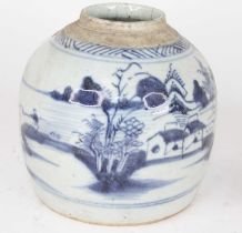 A Chinese blue and white porcelain ginger jar, underglaze decorated with a fisherman within a