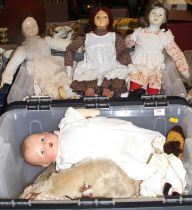 A collection of dolls and teddy-bears, to include a blonde mohair teddy-bear, 20th century bisque