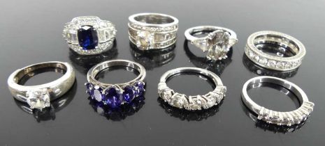 Eight various modern silver semi-precious and paste set dress rings All silver.All size Q except for