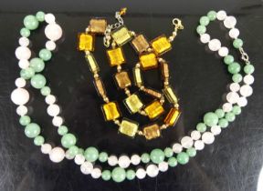 A beaded Murano glass necklace; together with a single row rose quartz and aventurine necklace (2)