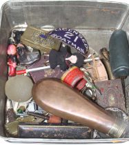 Miscellaneous items to include a copper powder flask, enamel badge, scales, toys etc