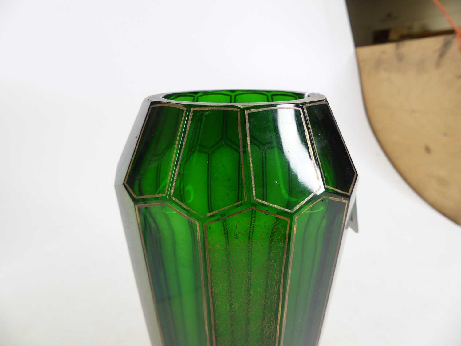 A 19th century Bohemian green and gilt-heightened glass vase, h.22cm A couple of chips to the - Image 2 of 7