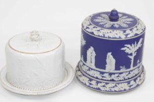 A Victorian blue jasperware cheese dome and coaster, possibly Wedgwod, h.27cm; together with a