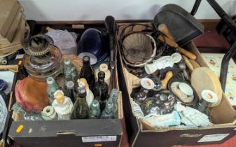 Two boxes of ceramics and glassware to include continental porcelain figures, glass oil lamp and