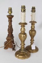 A pair of giltwood table lamps in the 18th century style, h.37cm; together with a gilt painted