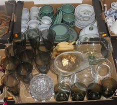 Two boxes of glassware and ceramics, to include a set of smoky glass wine glasses and a stoneware
