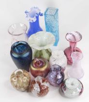 A collection of coloured and opalescent glass vases, to include Mdina and Caithness