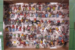 A tray of vintage lead cowboys and indians by Britains, Lone Star Timpo, Hill, Crescent, cherilea