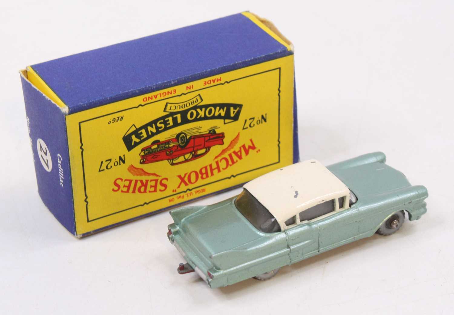 A Matchbox Lesney No. 27 Cadillac 60 Special comprising metallic green body with cream roof, - Bild 2 aus 3