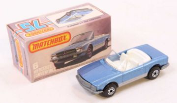 A Matchbox No. 6 Lesney Superfast Mercedes 350SL convertible finished in metallic blue with silver