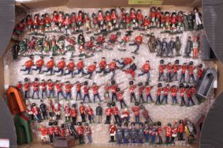 A large tray of antique and vintage lead figures by many makers including Britains, Hill Co ,