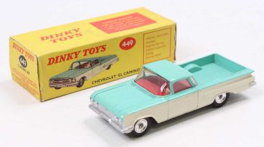 A Dinky Toys No. 449 Chevrolet El Camino Pickup comprising turquoise and white body fitted with