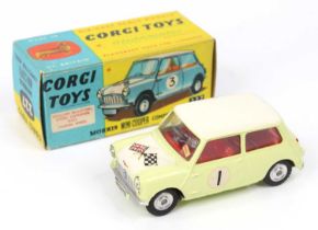 Corgi Toys, 227 Morris Mini Cooper competition model, primrose yellow body, red interior, white roof