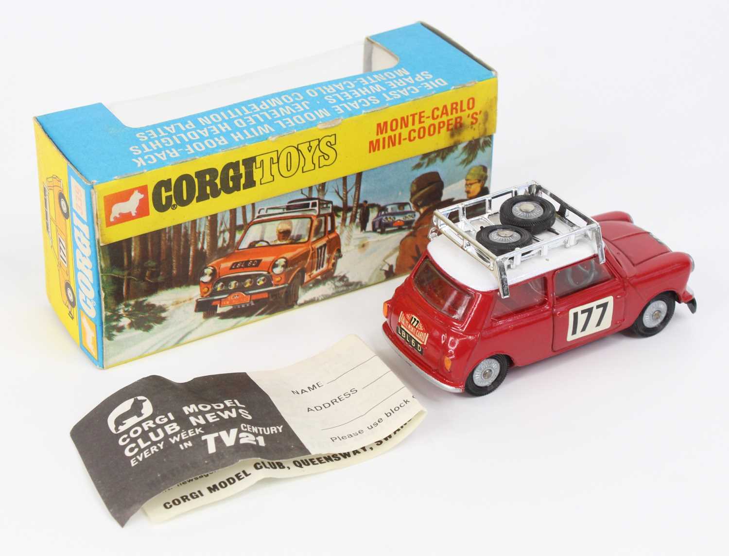 Corgi Toys, 339 Mini Cooper S Monte Carlo Winner, red body with white roof, racing number 177, 2 - Image 2 of 4