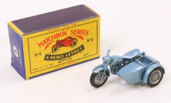 A Matchbox Lesney No. 4 Triumph 110 motorcycle and sidecar, finished in metallic steel blue,