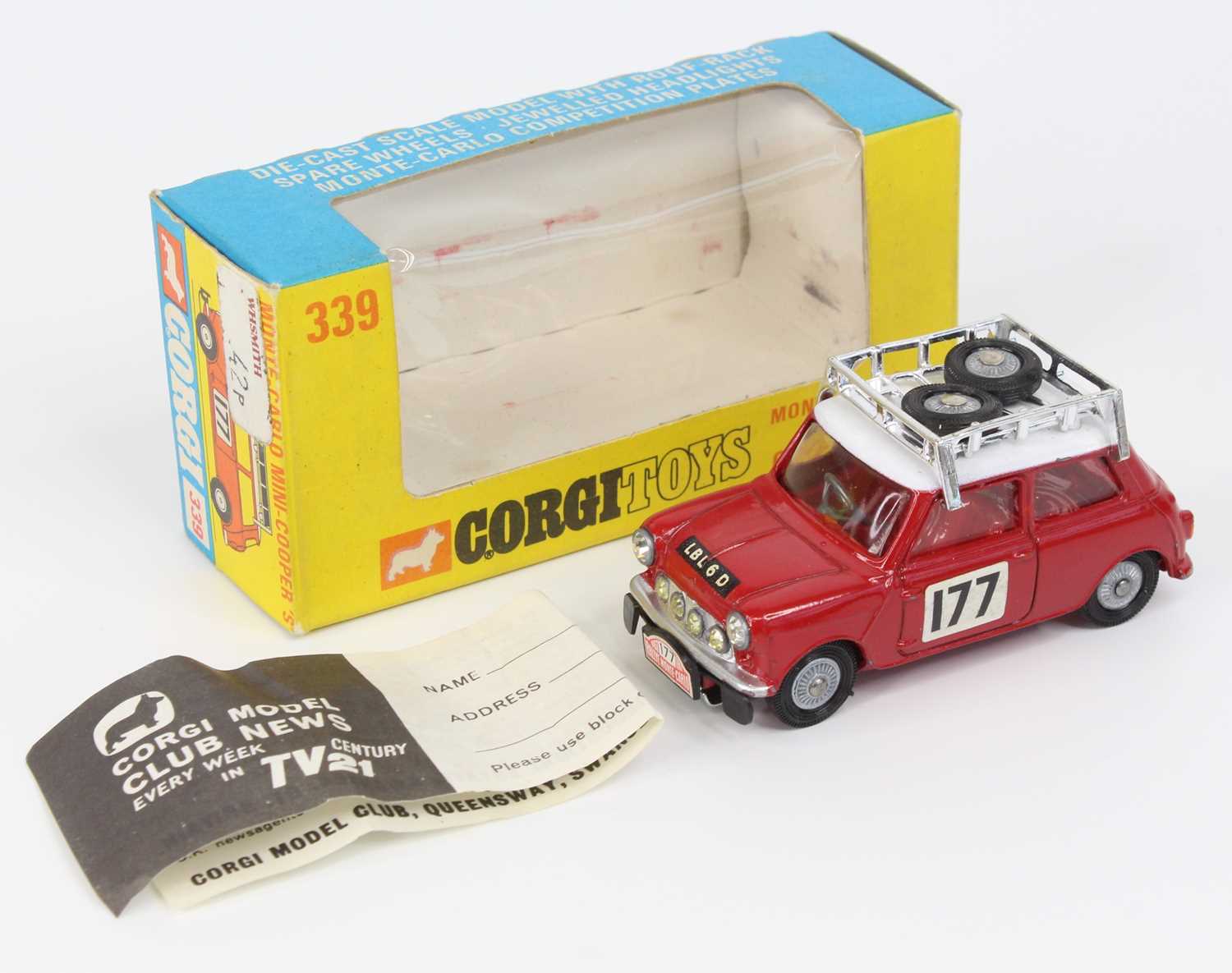 Corgi Toys, 339 Mini Cooper S Monte Carlo Winner, red body with white roof, racing number 177, 2