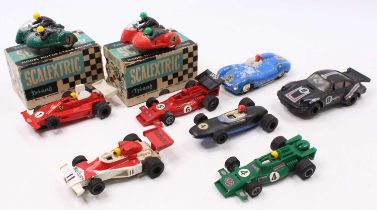 Scalextric Boxed and Loose group of Nine models to include; Jaguard D type number 2 in Blue body,