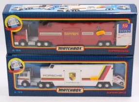 A Matchbox SuperKings Racing Team transport truck and trailer group to include K136 Ferrari, and